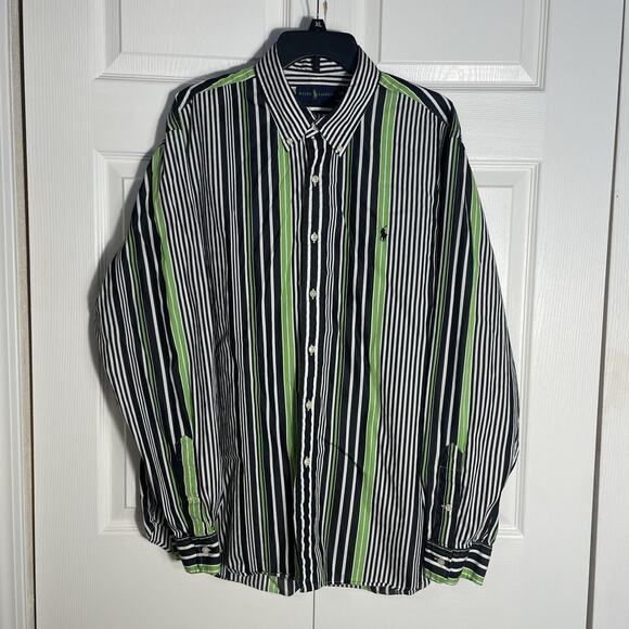 Ralph Lauren Shirt Men XXL Black White Green Striped Button Down Pony Logo - Picture 1 of 15